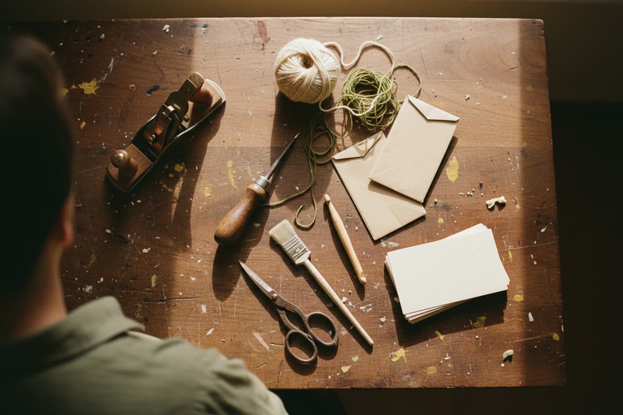 Overhead flatlay of mixed hobby tools on a scarred walnut workbench