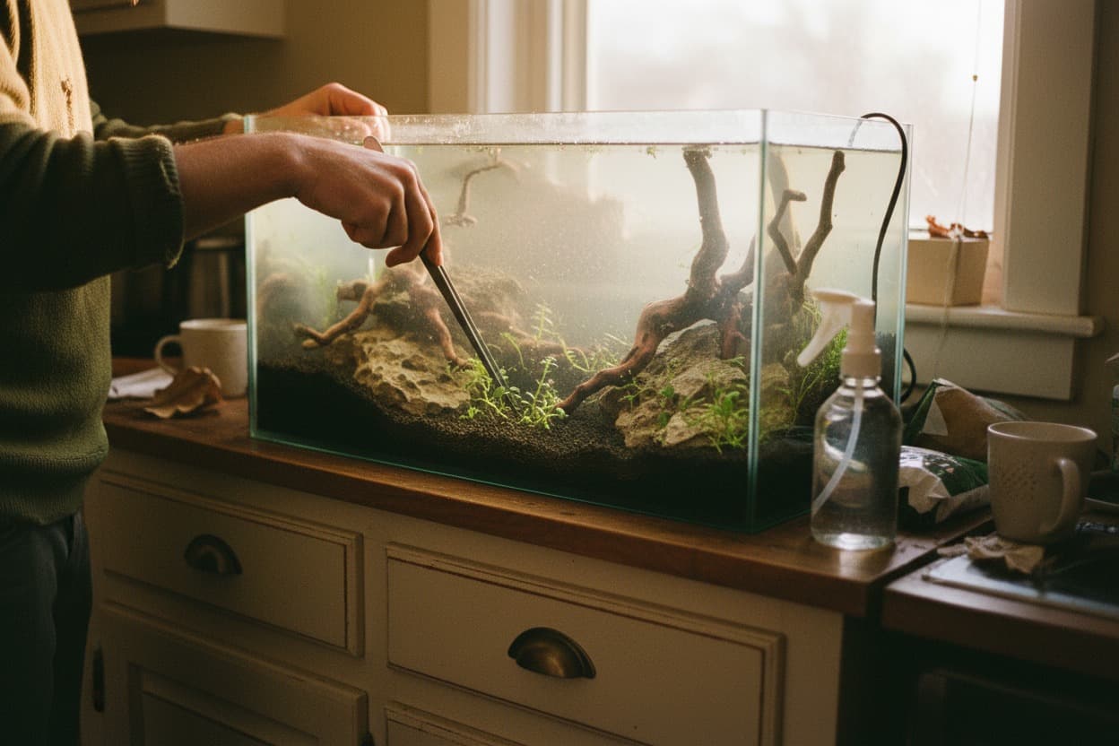 Aquascaping, close crop on hands mid-task