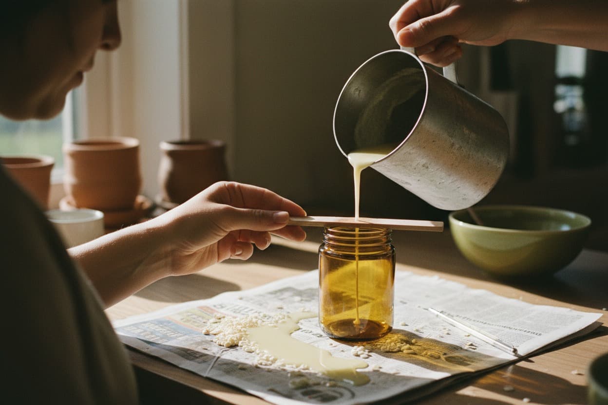 Candle Making, close crop on hands mid-task