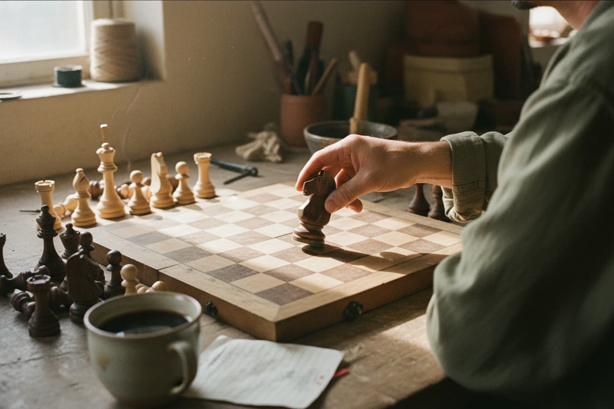 Chess, close crop on hands mid-task