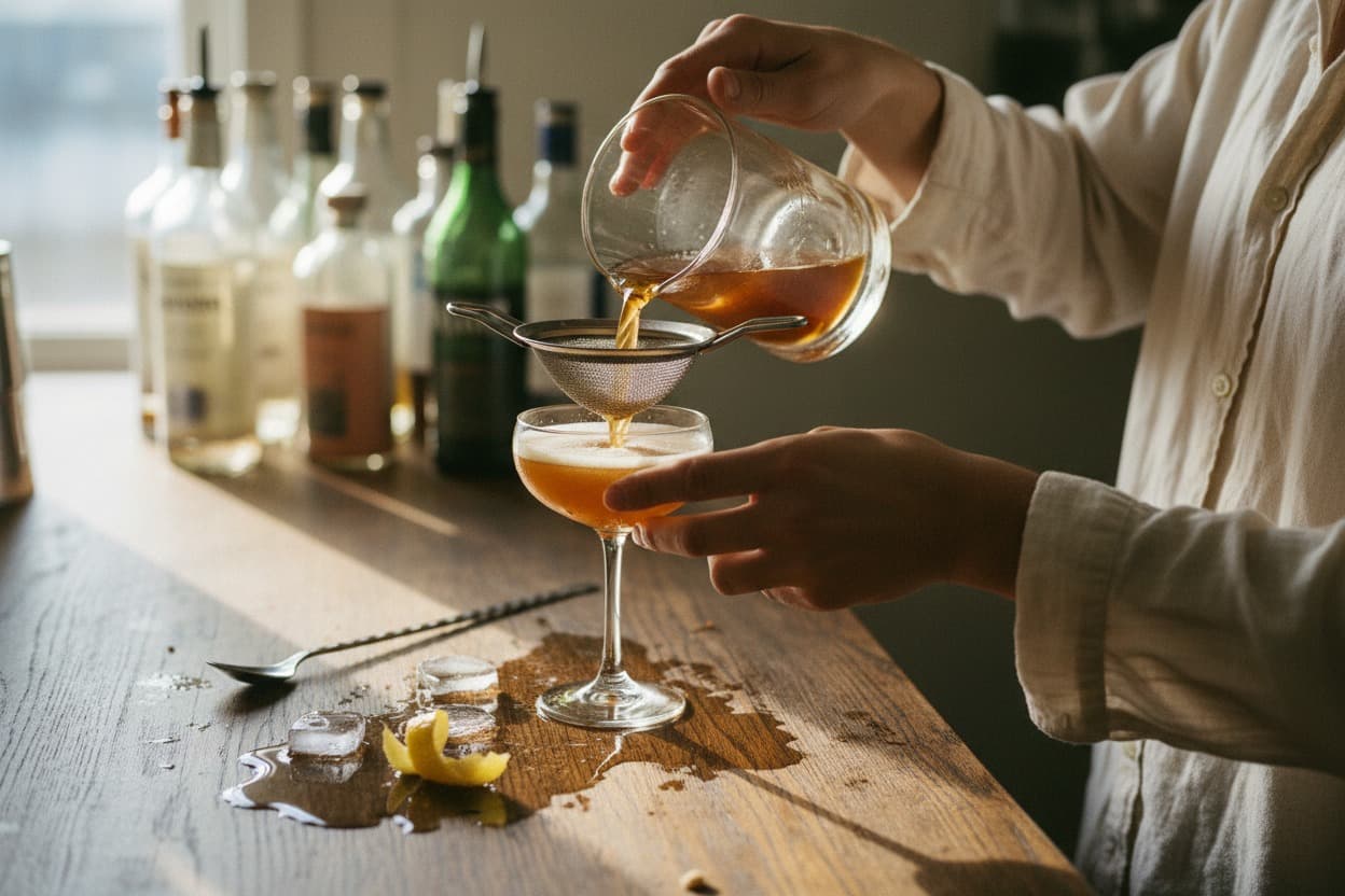 Cocktail Mixology, close crop on hands mid-task