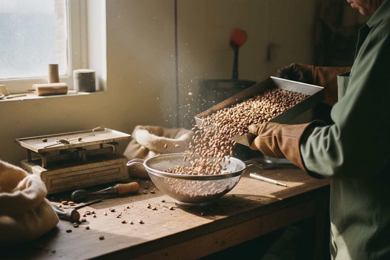 Coffee Roasting, close crop on hands mid-task