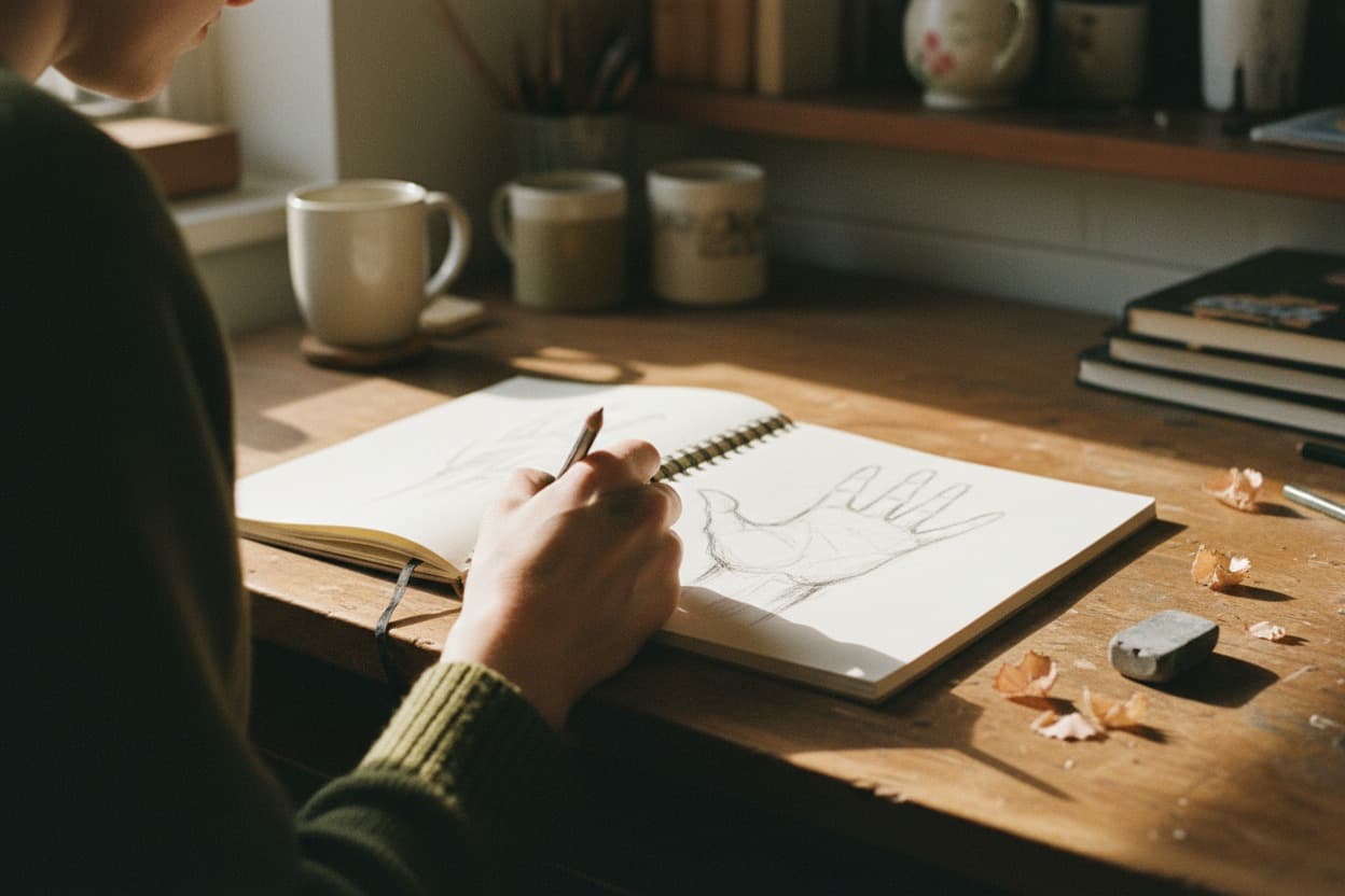 Drawing, close crop on hands mid-task