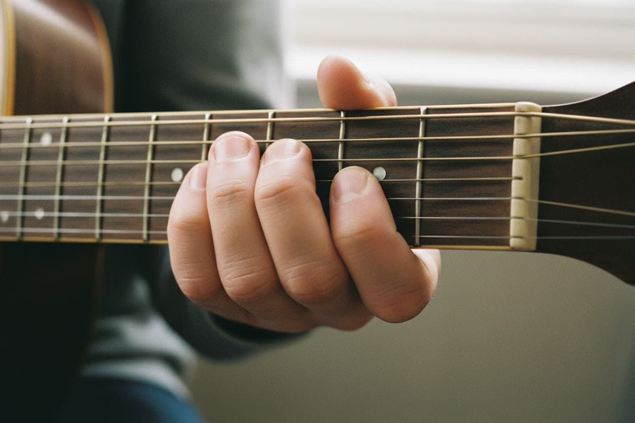 Guitar, close crop on hands mid-task