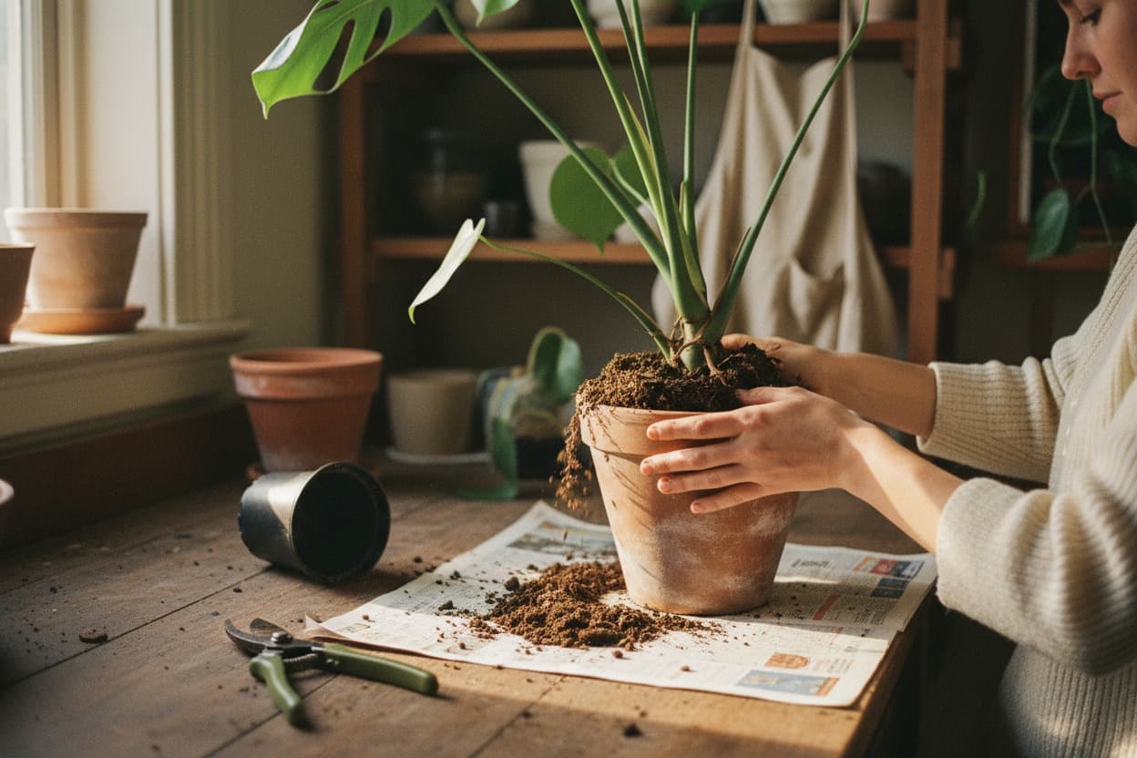 Houseplants, close crop on hands mid-task