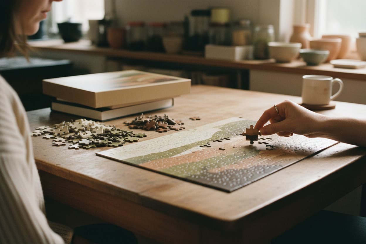 Jigsaw Puzzles, close crop on hands mid-task
