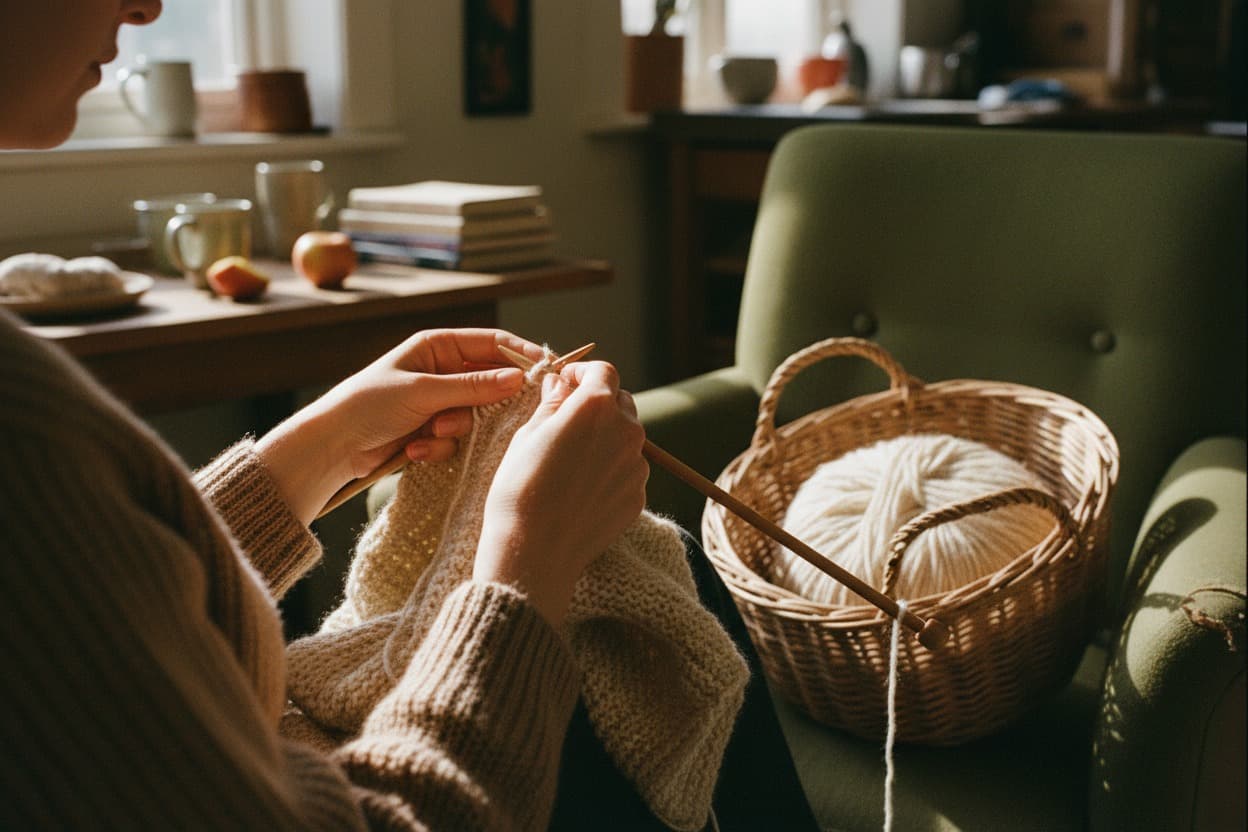 Knitting, close crop on hands mid-task