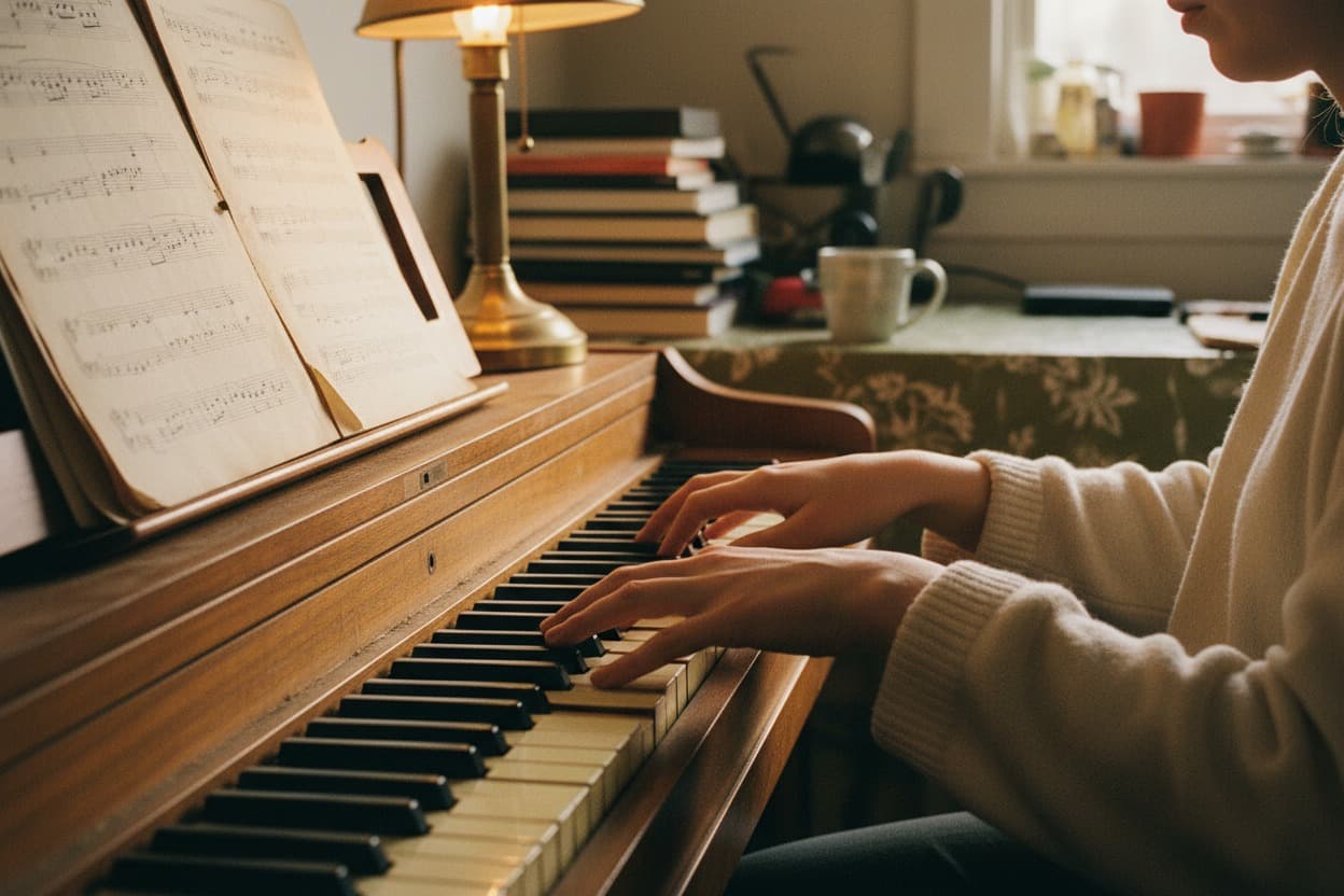 Piano, close crop on hands mid-task