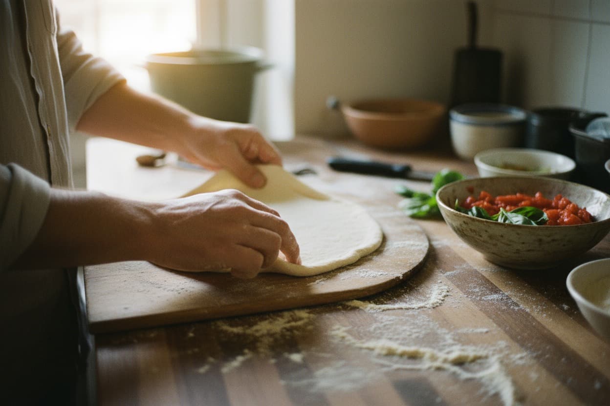 Pizza Making, close crop on hands mid-task