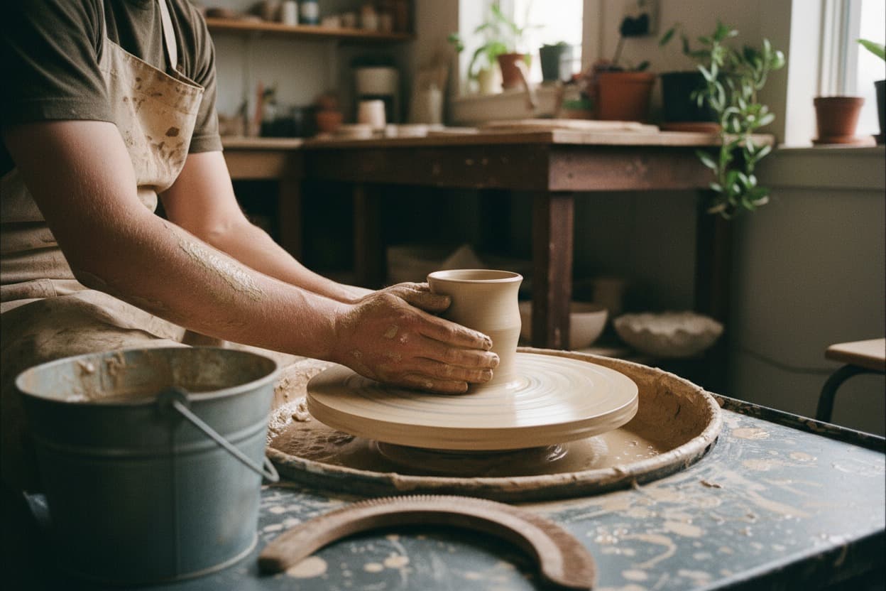 Pottery, close crop on hands mid-task