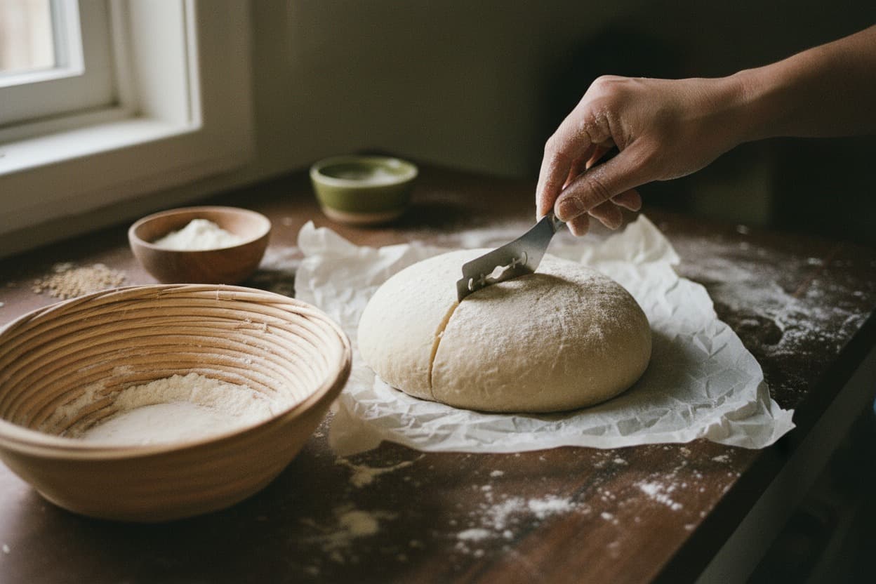 Sourdough Baking, close crop on hands mid-task
