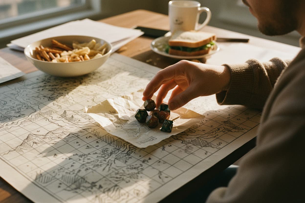 Tabletop RPGs, close crop on hands mid-task