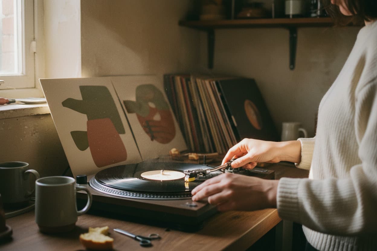 Vinyl Records, close crop on hands mid-task