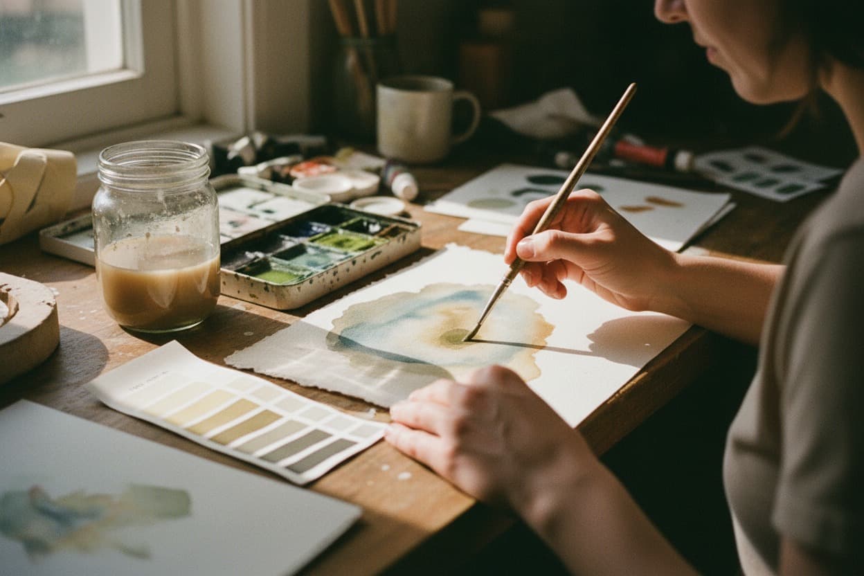 Watercolor Painting, close crop on hands mid-task